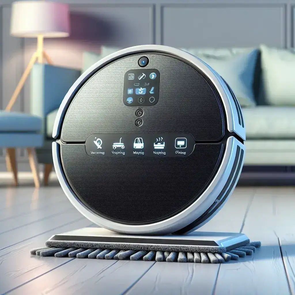 "Robot aspirador Dreame V18S Aqua 5-en-1, menampilkan desain modern dan fungsionalitas cerdas untuk kebersihan rumah yang efisien."