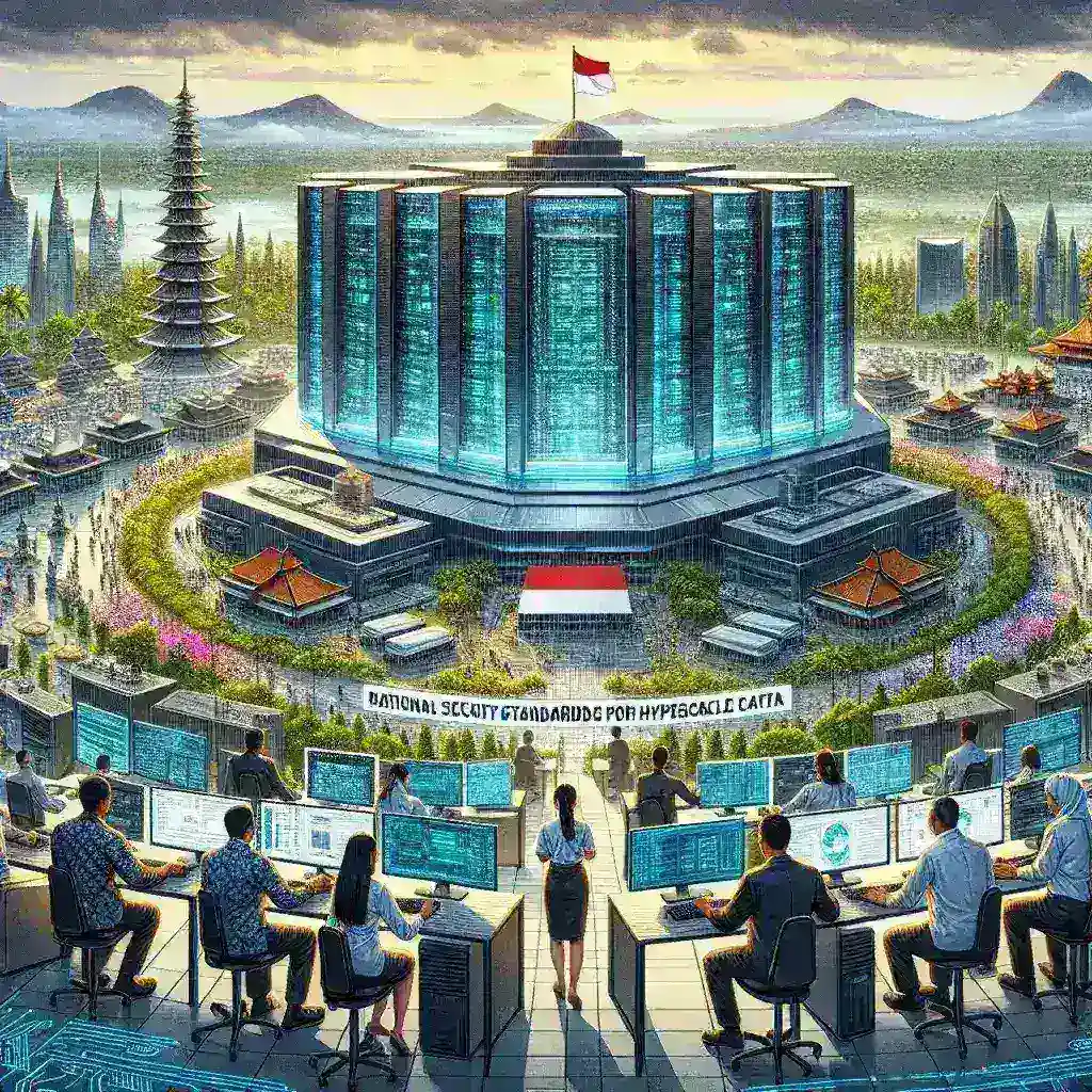 "Infografis tentang Standar Keamanan Nasional yang disiapkan Indonesia untuk Pusat Data Skala Hiperscale, menampilkan elemen keamanan dan infrastruktur penting."