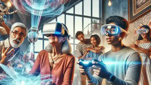 "Representasi teknologi realitas virtual dan augmented di Spanyol, dengan pengguna yang mengenakan headset VR dan menggunakan aplikasi AR, menggambarkan kemajuan inovatif dalam industri teknologi."