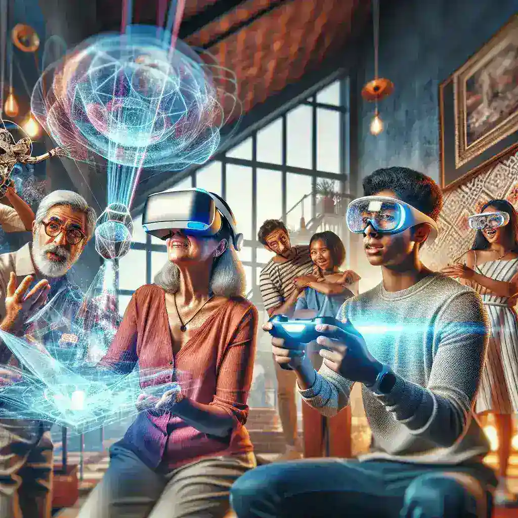 "Representasi teknologi realitas virtual dan augmented di Spanyol, dengan pengguna yang mengenakan headset VR dan menggunakan aplikasi AR, menggambarkan kemajuan inovatif dalam industri teknologi."