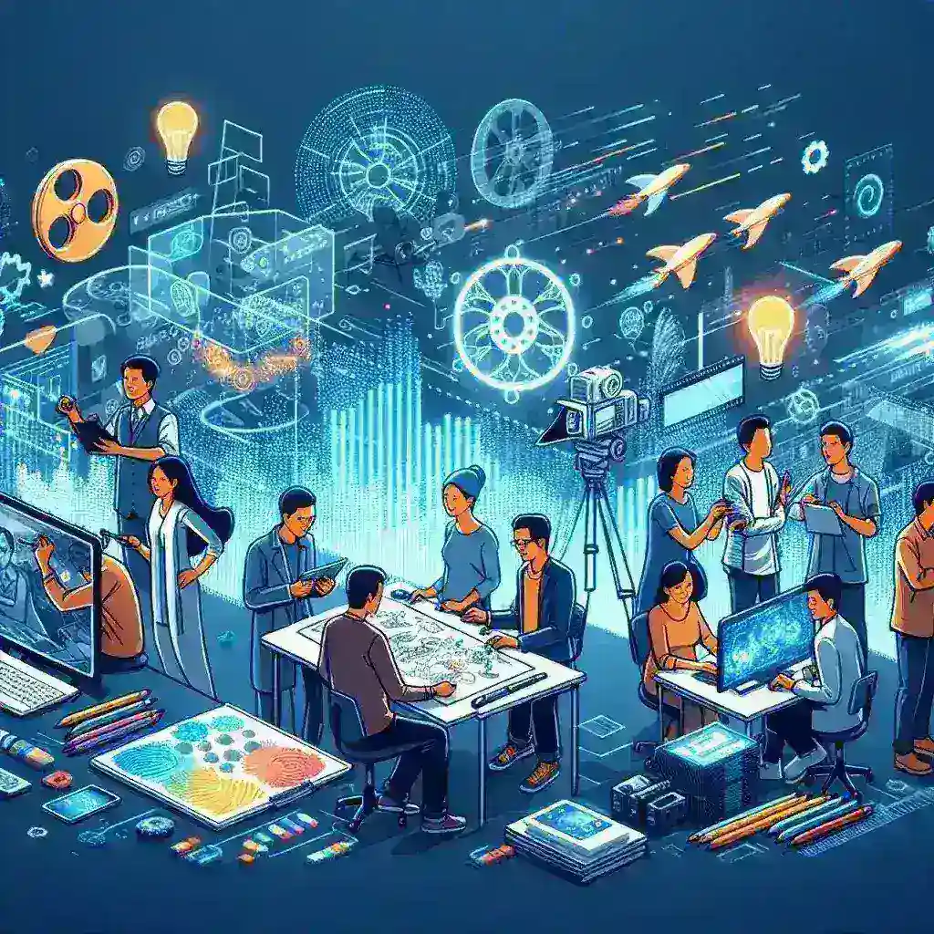 "Diagram illustrating the development of a digital ecosystem for Indonesia's film and animation industry, highlighting key components such as technology integration, collaboration platforms, and digital distribution channels."