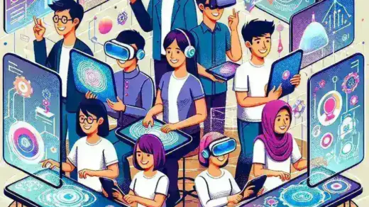 **Alt Text:** "Generasi Z di Indonesia menghadapi transformasi digital di pasar kerja, berdiskusi di lingkungan kerja modern dengan teknologi canggih."