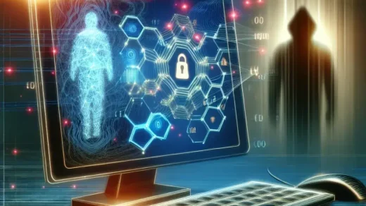 "Ilustrasi algoritma AI mendeteksi penipuan keuangan, menunjukkan grafik data dan perangkat lunak analitik yang digunakan dalam identifikasi penipuan."